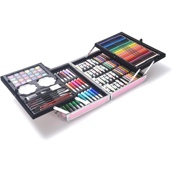 Set Valija Maletín Arte Escolar Didáctico 145 Piezas Pintar Variante Color Rosado y Verde