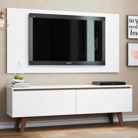 Rack TV mueble Lumax + panel rústico con estantes 55” Blanco/Blanco