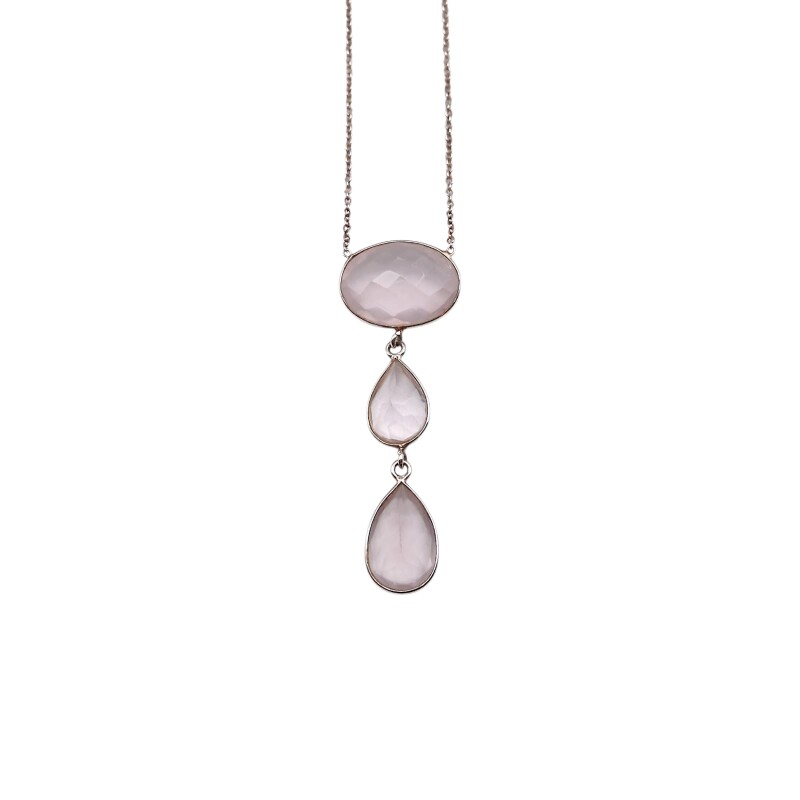 Conjunto Triple-Plata rodinada 925-Piedra Cuarzo rosa-CJ2040 conpiedra