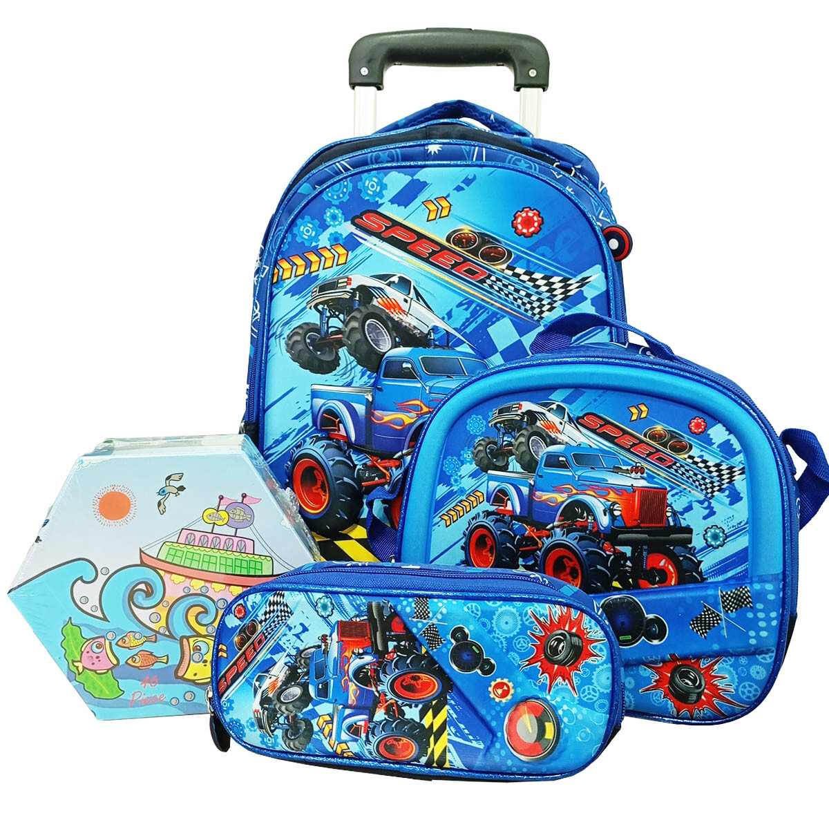 Set X3 Mochila C/Carro + Bolso + Cartuchera P Niño + Set Escolar - Mch012004-au 