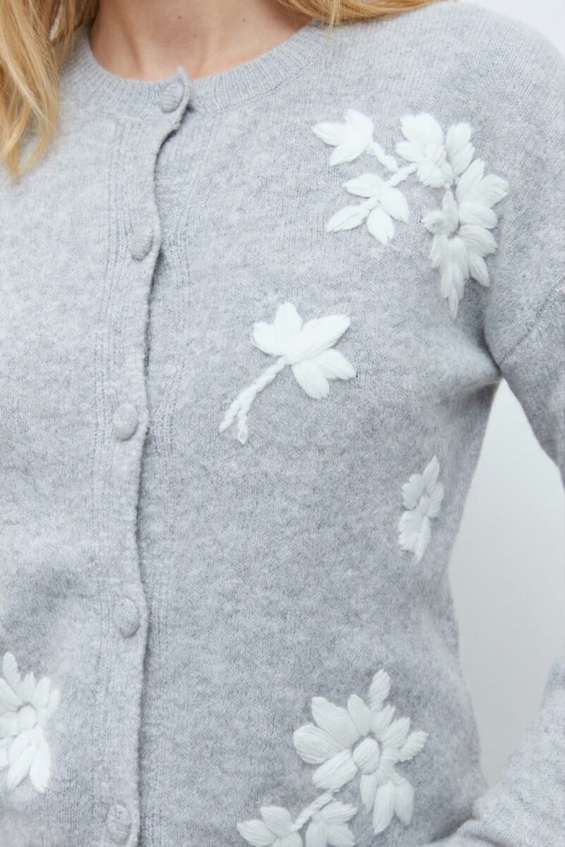 Cardigan bordado floral gris melange