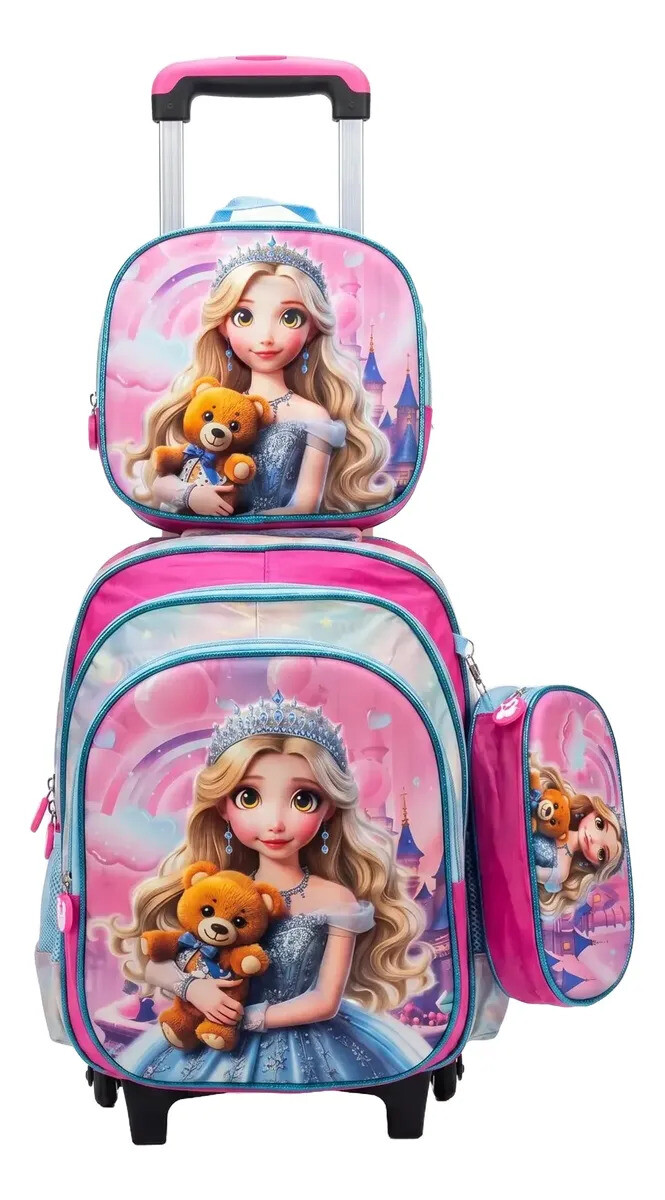 Mochila con carrito, lonchera y cartuchera. - Princesa oso marrón 