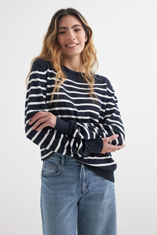 Sweater a rayas con botones en hombro AZUL MARINO