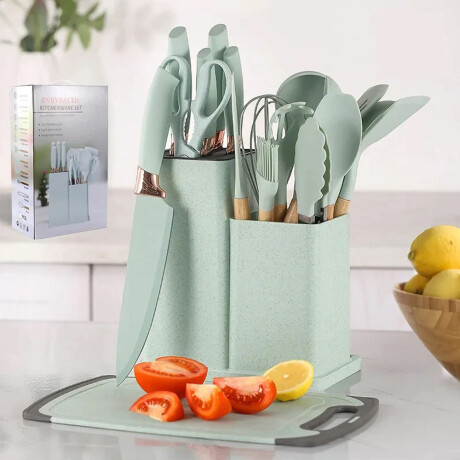 Set Cocina Menage 19Pz Utensillos Cuchillos Tabla c/Soporte Verde Claro