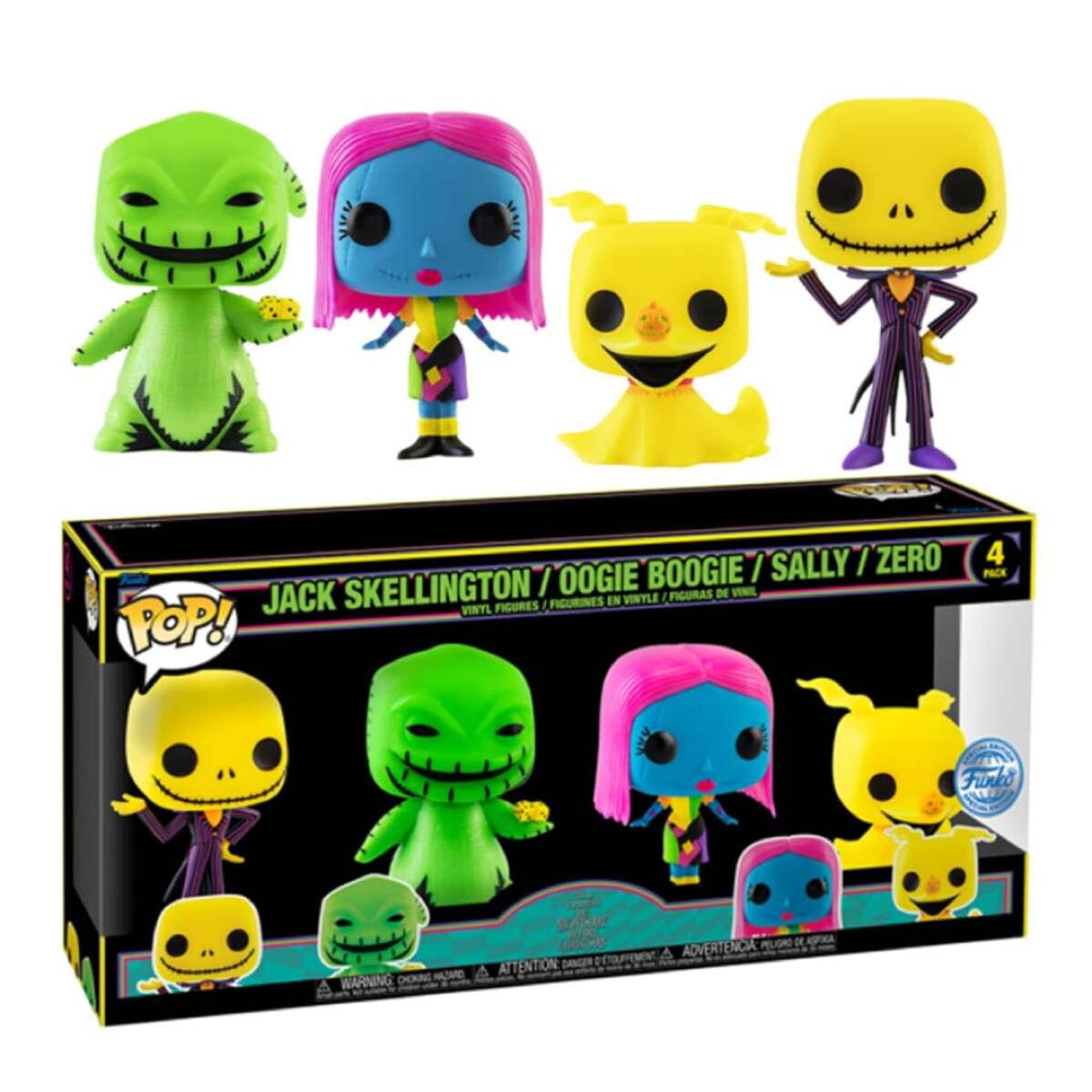Pack x4 Jack Skellington + Oogie Boogie + Sally + Zero Nightmare Before Christmas - [Exclusivo Black Light] 
