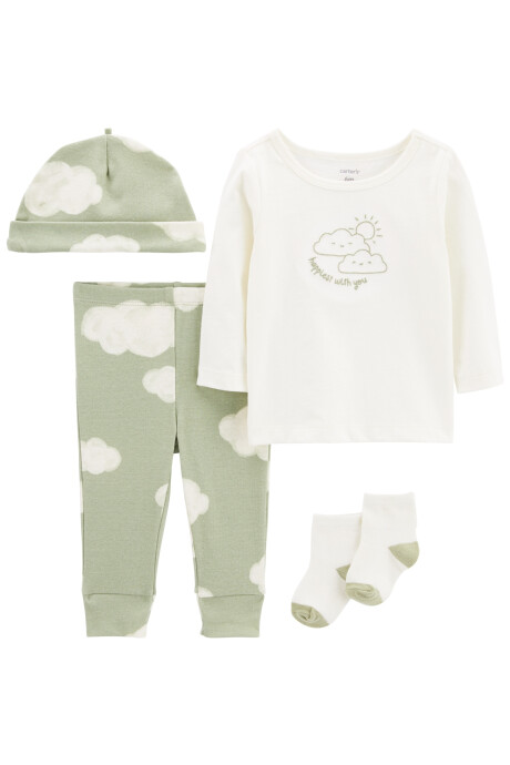 Set cuatro piezas de algodón, pantalón, remera, gorro y medias, diseño nube Set cuatro piezas de algodón, pantalón, remera, gorro y medias, diseño nube