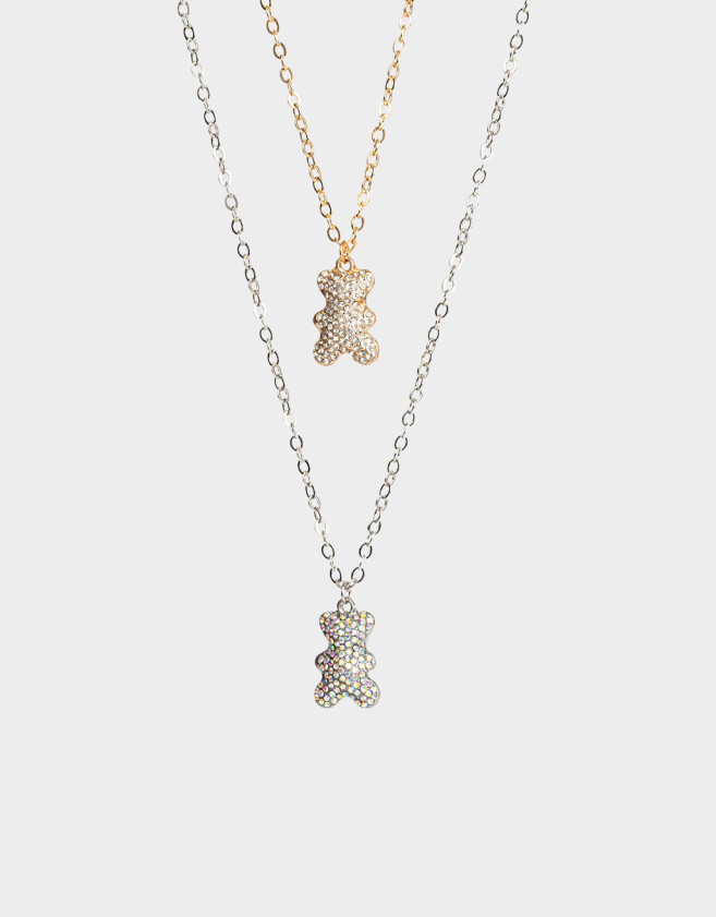 Collares Cortos Animalito Set De Collares Oso Strass - Plateado
