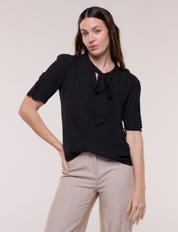 Blusa Lazo Con Mangas Abotonadas NEGRO