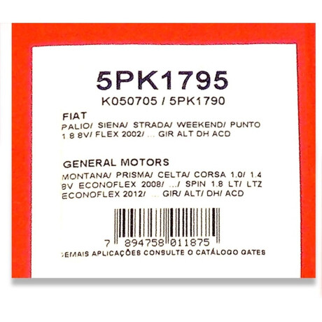 CORREA ALTERNADOR FIAT PALIO 1.8 8V-CELTA 1.0 1.4 SPIN 1.8 ALT/DH/AA GATES CORREA ALTERNADOR FIAT PALIO 1.8 8V-CELTA 1.0 1.4 SPIN 1.8 ALT/DH/AA GATES