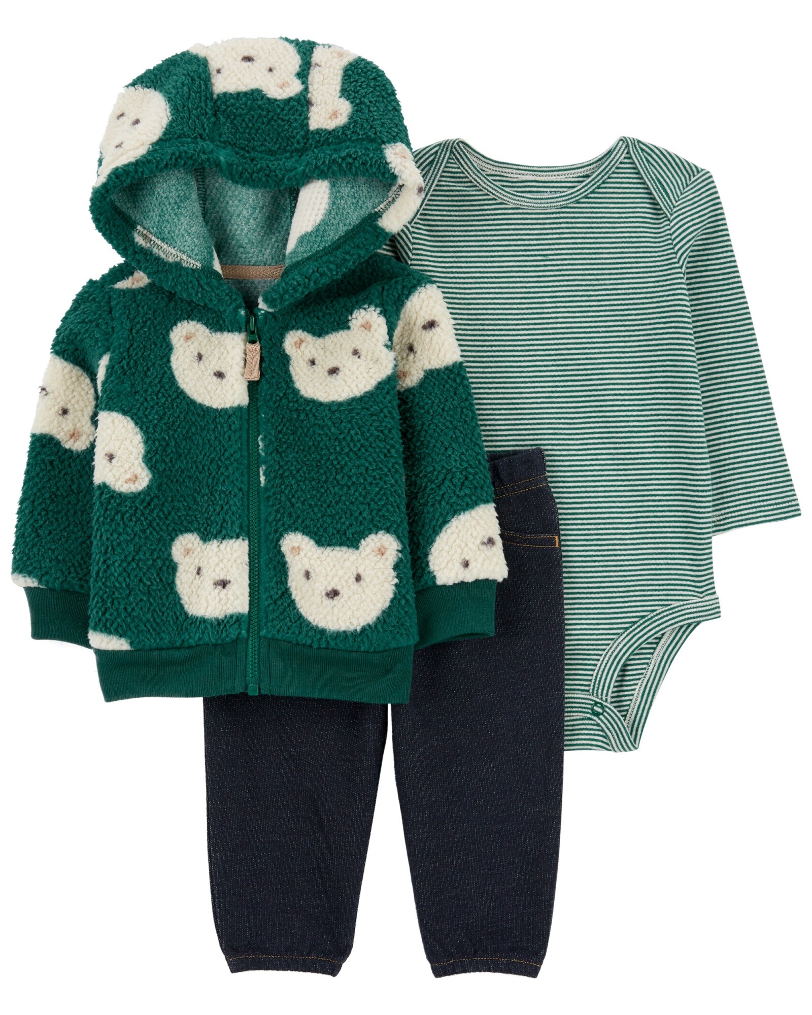 Set tres piezas, campera de sherpa, pantalón y body de algodón, diseño osos Sin color