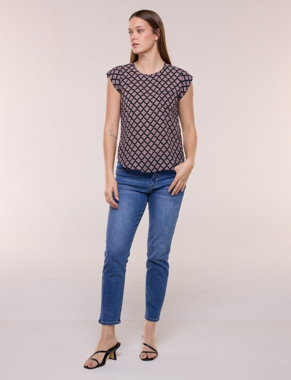 Blusa De Gasa Manga Corta Con Bolsillo Frontal NEGRO/MULTI