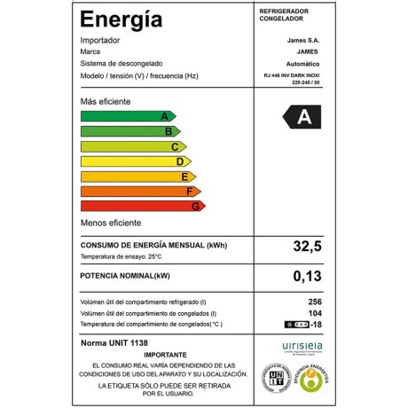 Heladera JAMES RJ446 Inverter 360 Litros Negro