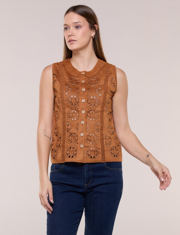 Blusa Boho De Suede Abotonada Con Calado Artesanal TOSTADO