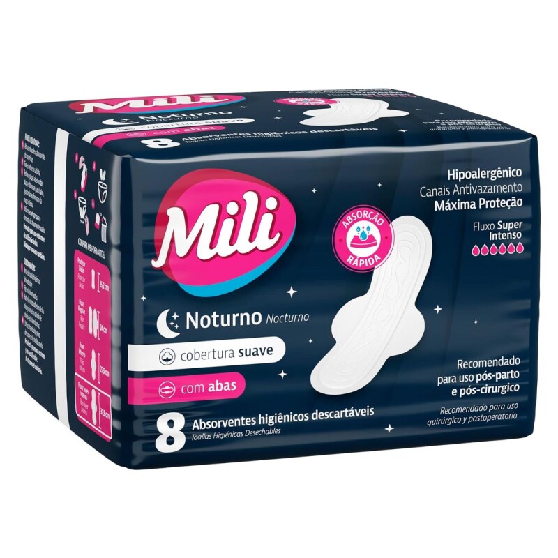 Mili Toalla Super Absorbente Nocturna Con Alas X8 Unidades Pack de 3