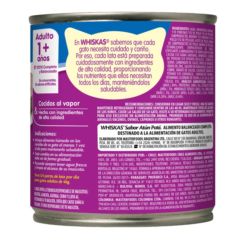 WHISKAS PATE LATA ALIMENTO HUMEDO ATUN 340 GR
