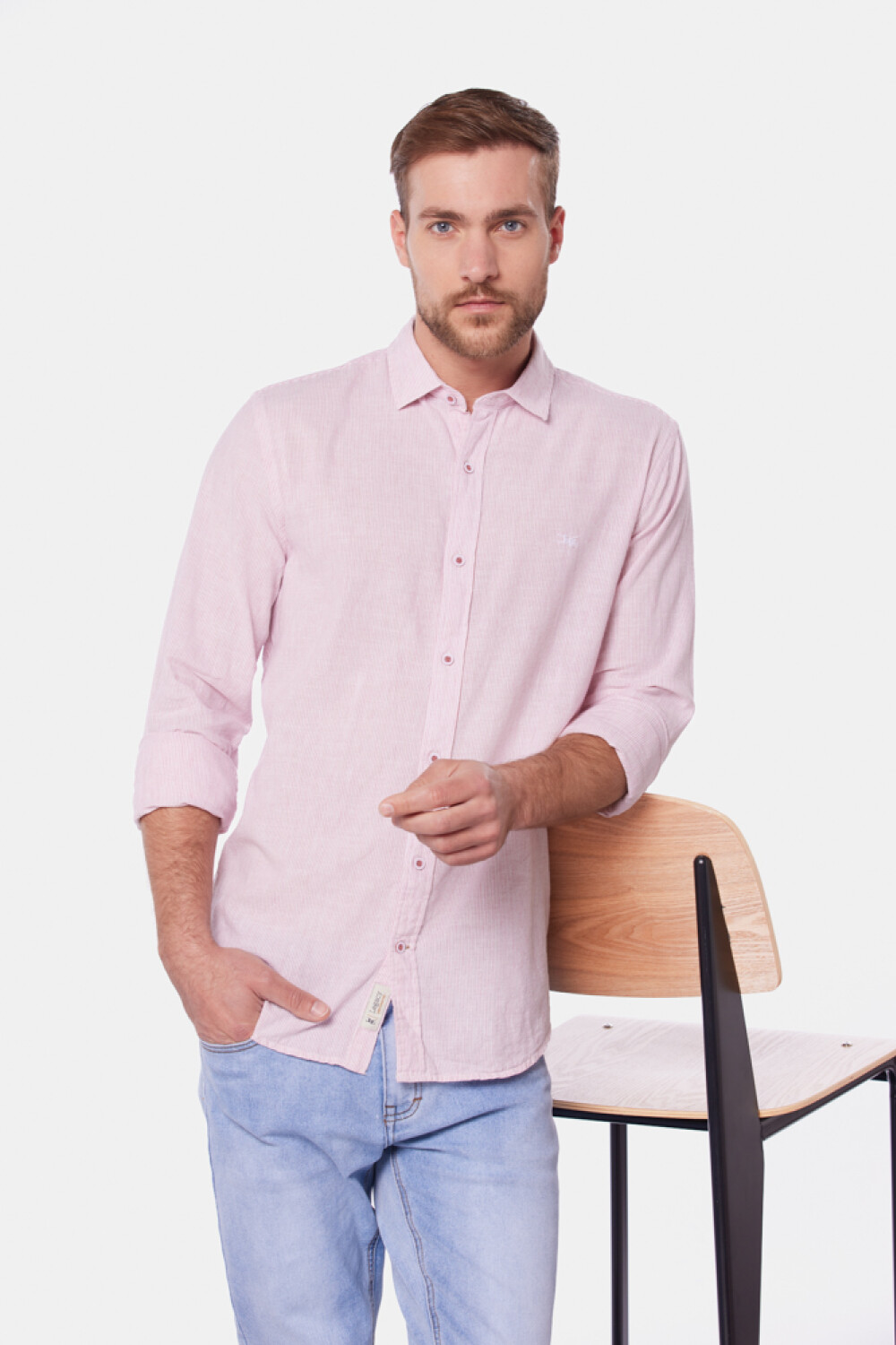 CAMISA DE LINO RAYADA Rosa