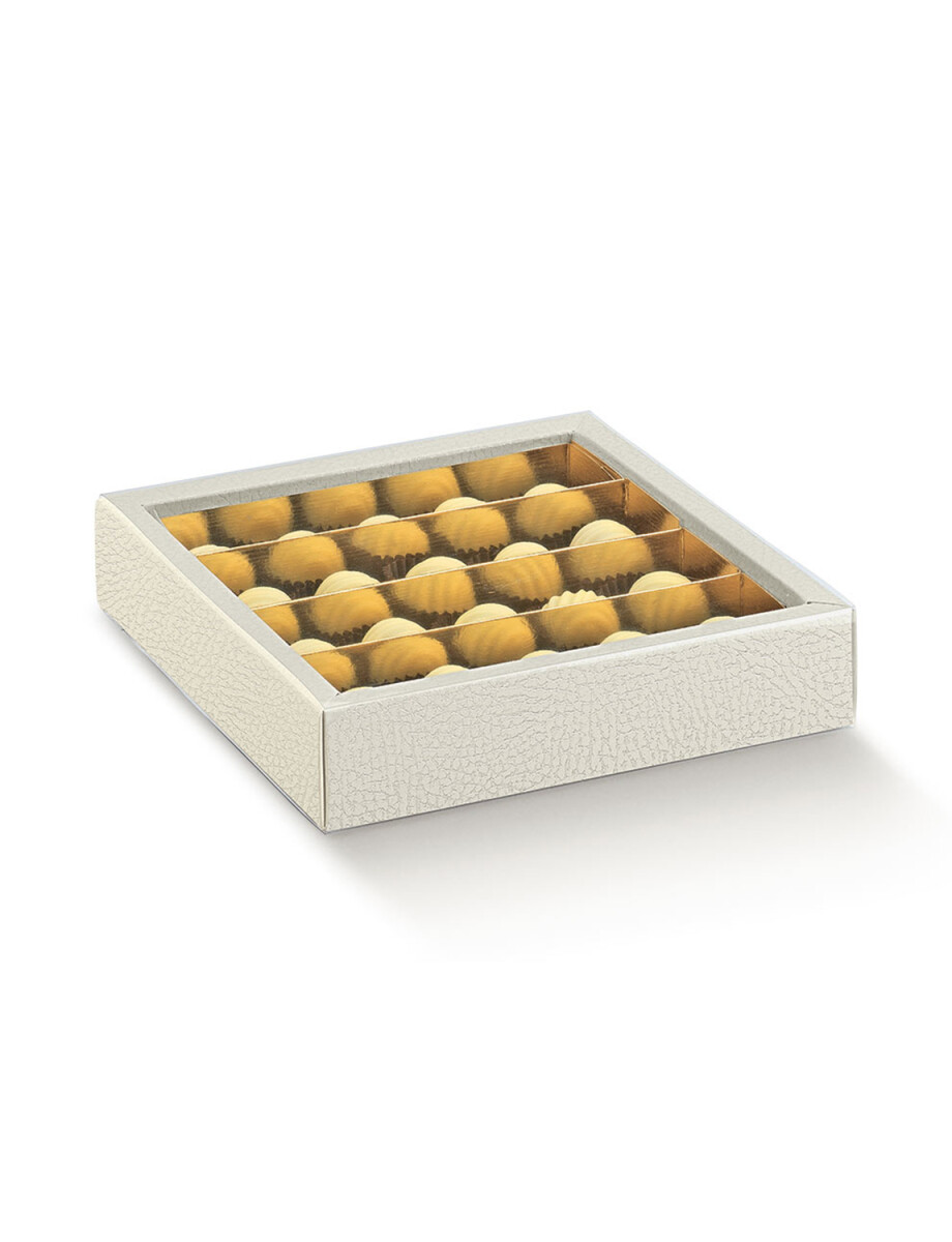 CAJA BOMBONES 14,5X14,5X3,5 cm - PELLE BIANCO+ORO 