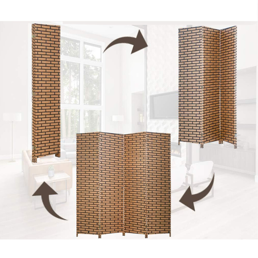 Biombo Boho Nhome 4 Paneles Madera Ratán Clásico Ladrillo