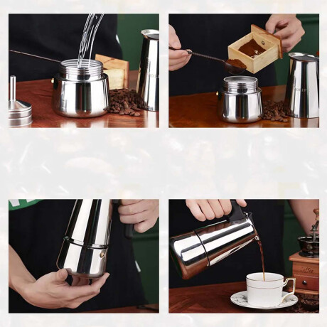 Set Cafetera Italiana + 6 Tazas 200Ml Vidrio y Acero Inox Plateado