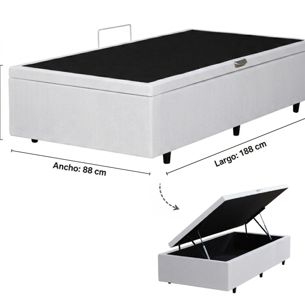 BOX BAÙL 1 PLAZAS BASE DE SOMMIER GUARDARROPA CAMA CON APERTURA LATERAL BLANCO