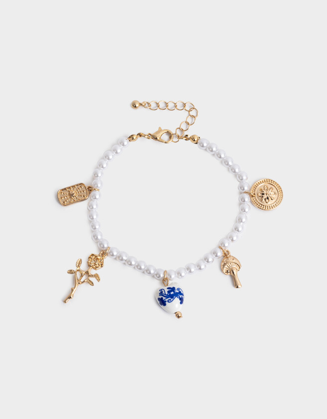 Pulseras Flexibles Azul Pulsera Flexible Perlas Multidijes - Dorado