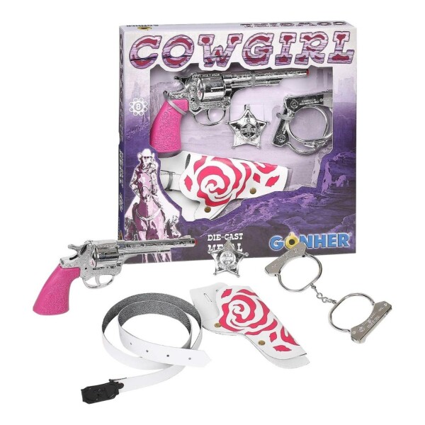 Set Revolver Funda Placa Esposas Cowgirl Gonher Juguete Rosa Variante Color Plateado