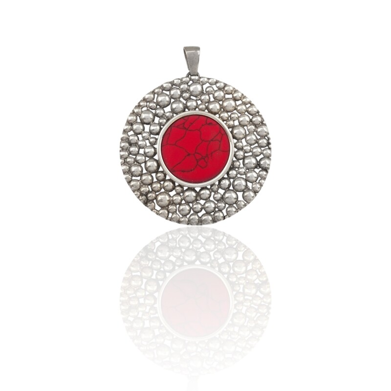 Dije Colgante Circulo-Plata 925-Piedra Coral rojo-CP4566 Conpiedra