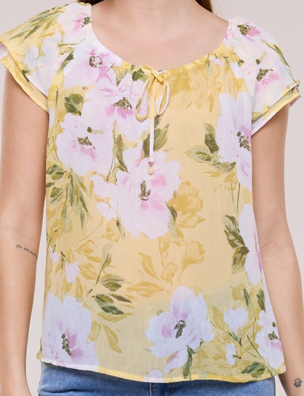 Blusa Floral Con Escote Elastizado Y Lazo MULTI/AMARILLO