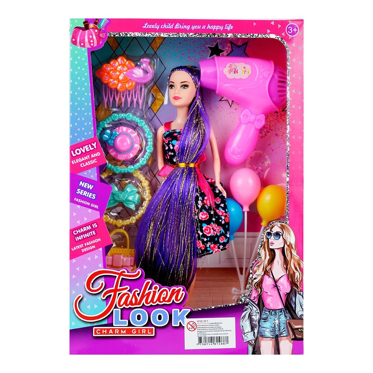 Muñeca con pelo largo brillante y accesorios 