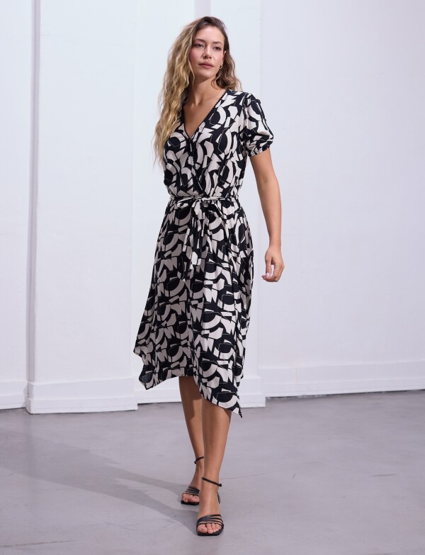 Vestido Printed Detalle Lazo NEGRO/CRUDO