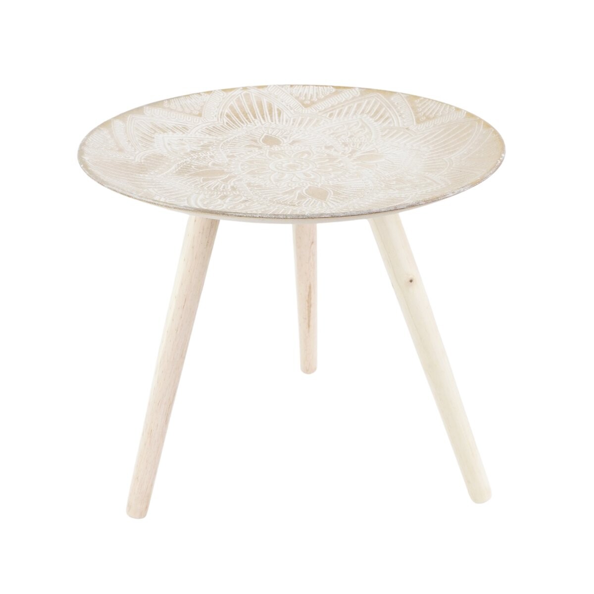 Mesa ratona de madera con mandala labrada 
