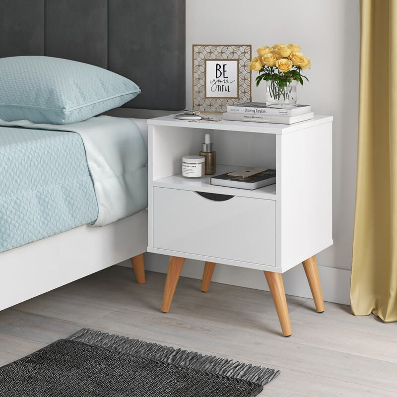 Mesa De Luz Dormitorio Nórdica 1 Cajón Grecia Blanco