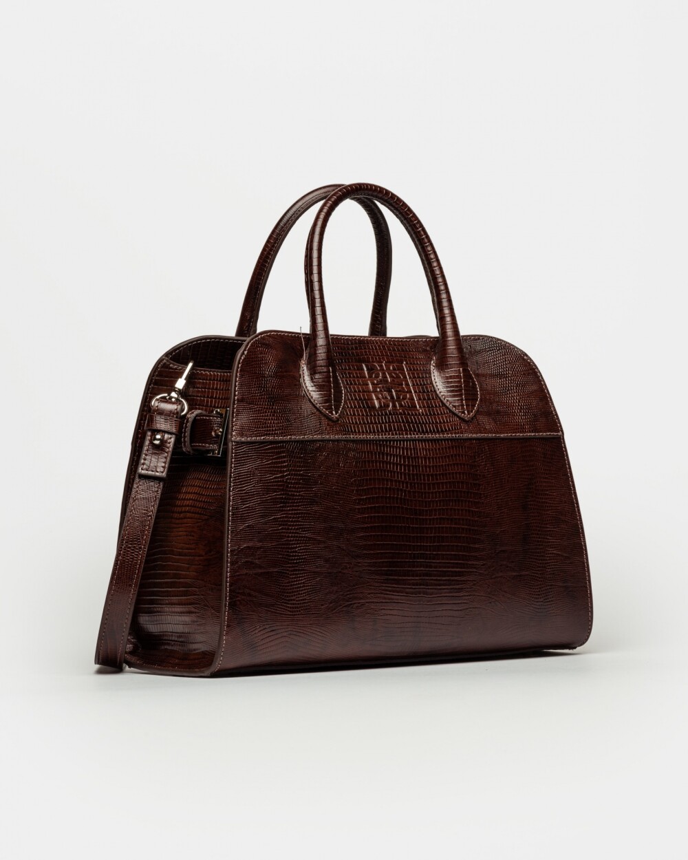 Cartera de Mano The Roots En Cuero Grabado Lagarto Marron