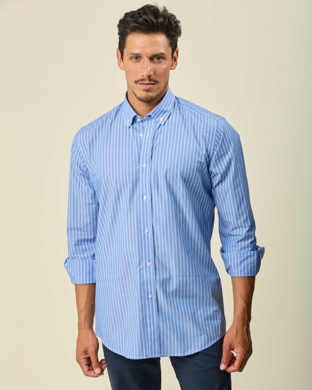 Camisa Sport Algodón Manga Larga Celeste Raya Blanca