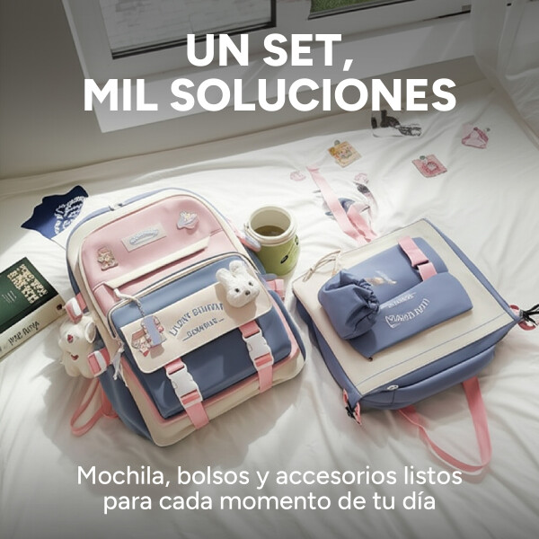 Set Mochila Impermeable Kawaii Estilo Coreano 5 Piezas Variante Color Lila