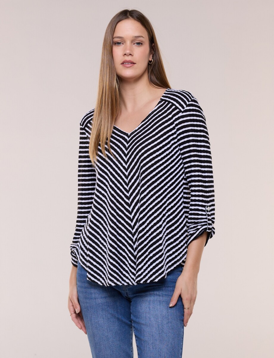 Remera Texturada A Rayas Con Escote V - Negro/blanco 