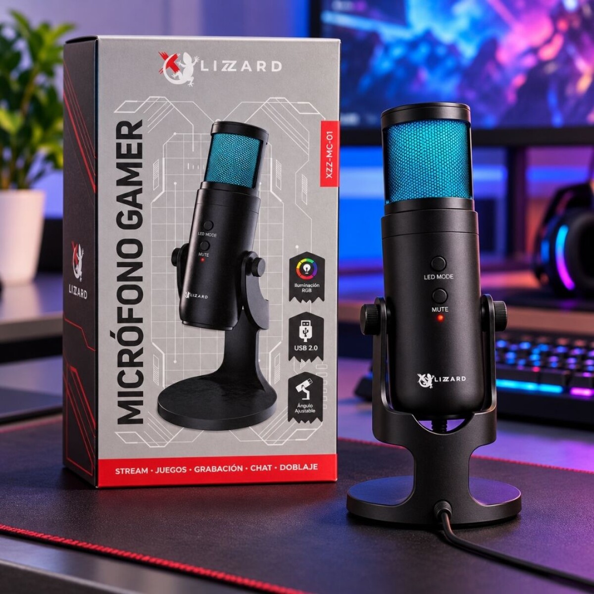 Microfono Gamer Lizzard XZZ-MC-01 Cableado USB RGB 