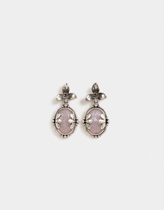 Aros Colgantes Cortos Color Tendencia Aros Colgantes Flores - Plateado Antique Silver