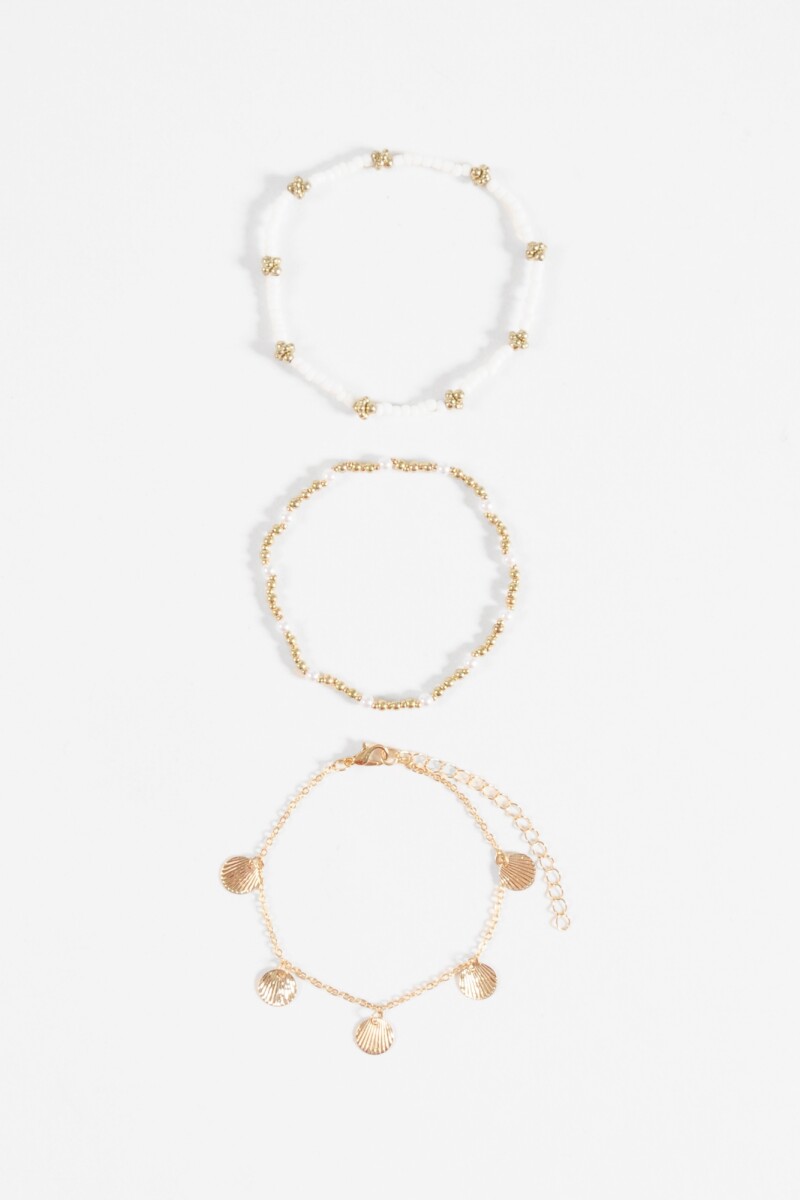 Tobillera triple con mostacillas blanco