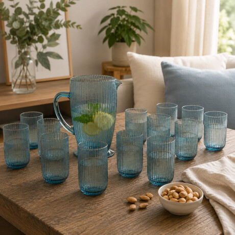 Combo ''Amigos'' Jarra Labrada Line Azul Y Set de 12 Vasos labrado Line Azul Combo ''Amigos'' Jarra Labrada Line Azul Y Set de 12 Vasos labrado Line Azul