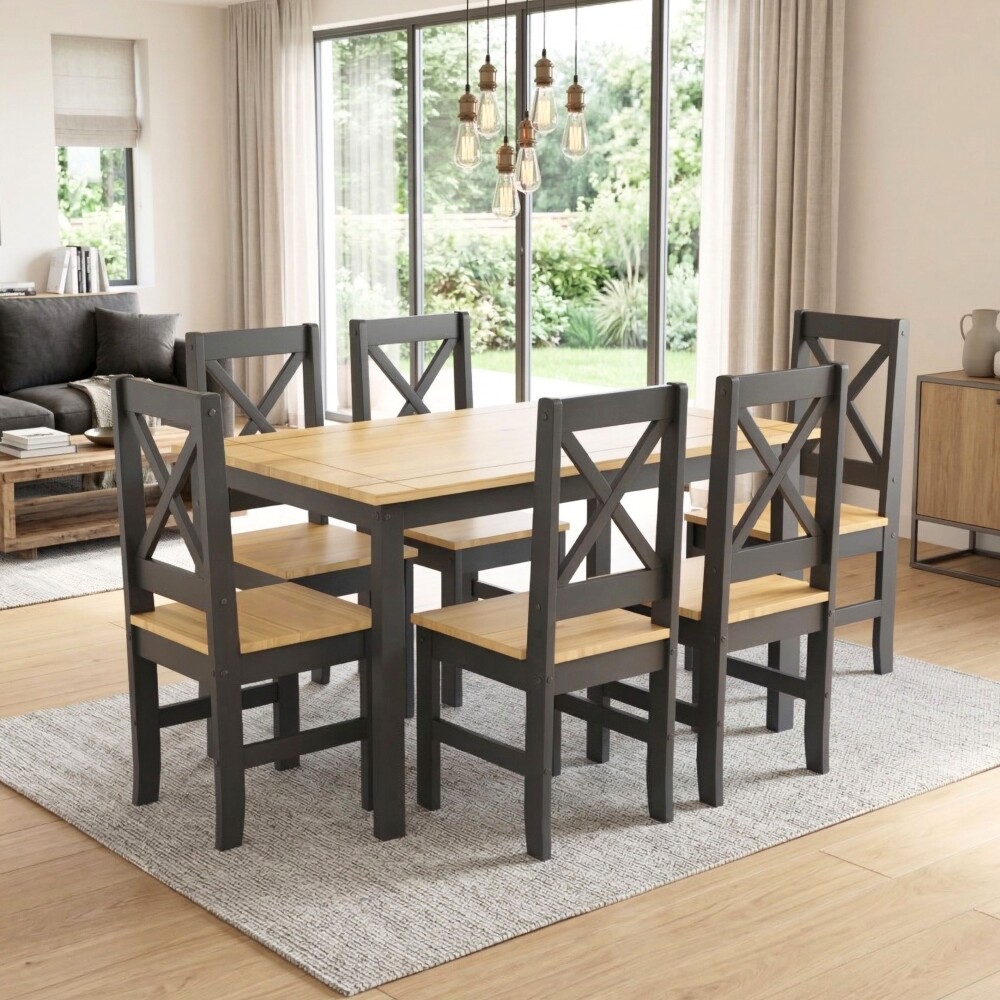 Juego de comedor 6 sillas - Madera maciza - Cruceta Negro