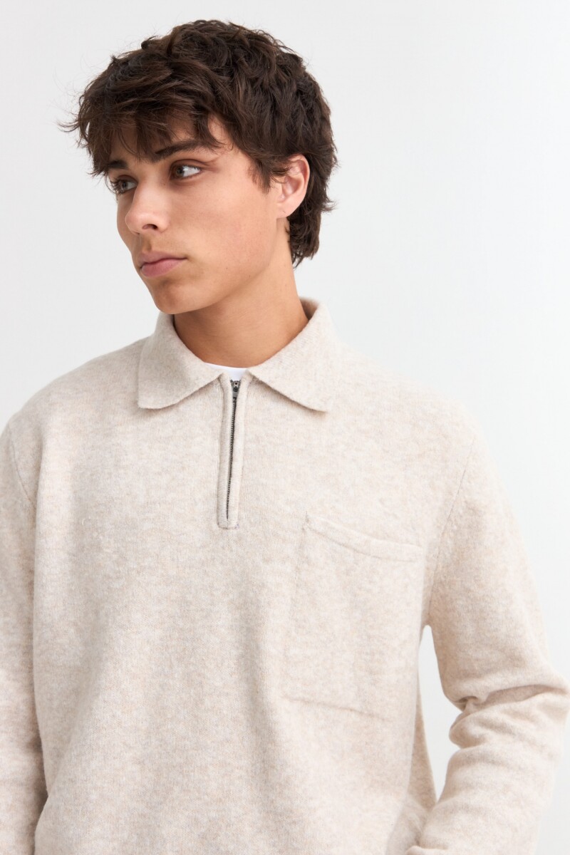 Sweater cuello polo con cierre BEIGE