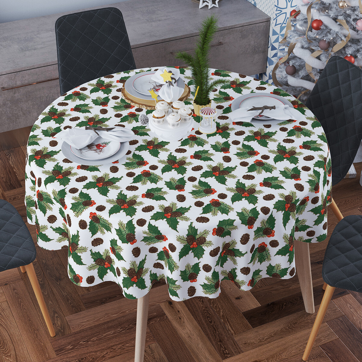 Mantel Bukara Peva Redondo 160 cm - Navidad Muérdago Blanco 