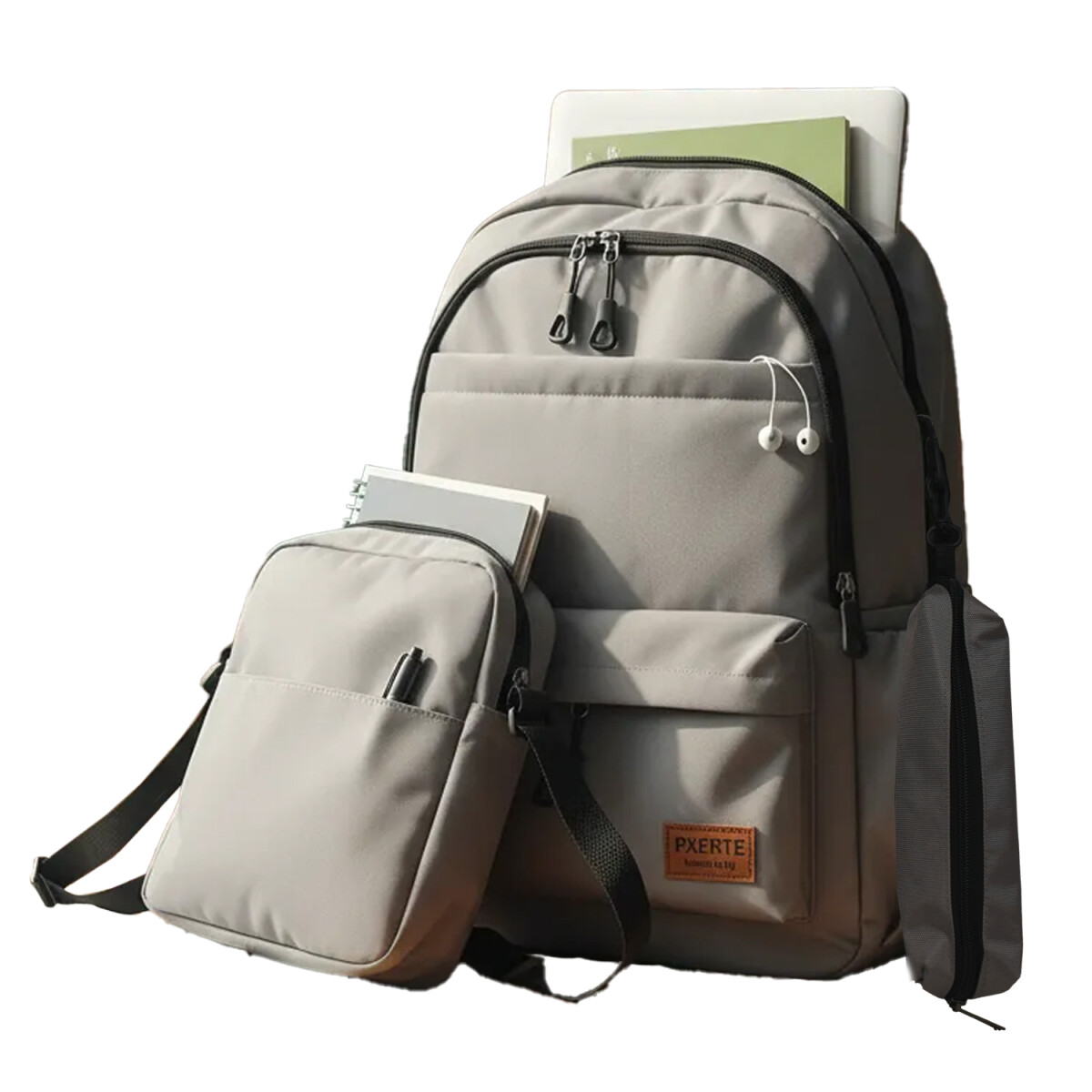 Set Mochila Bolso Cartuchera Alumno Resistente 3 Piezas - Gris 