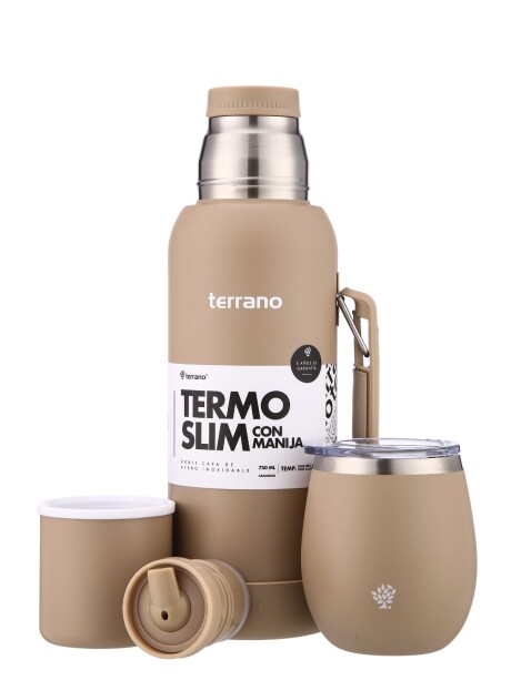 Kit Termo 750mL. Slim con Manija + Mate de Acero con Tapa Arena
