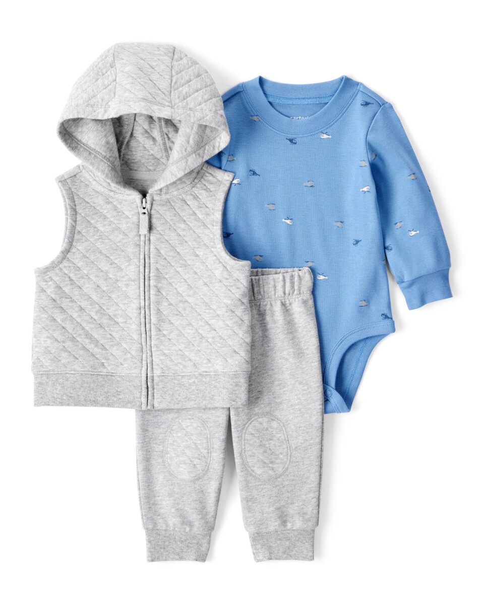 Set tres piezas de algodón, chaleco capitoneado, pantalón y body, diseño helicópteros 