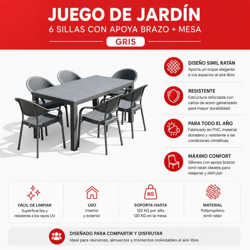 Juego de jardín 6 sillas con apoya brazo + mesa GRIS