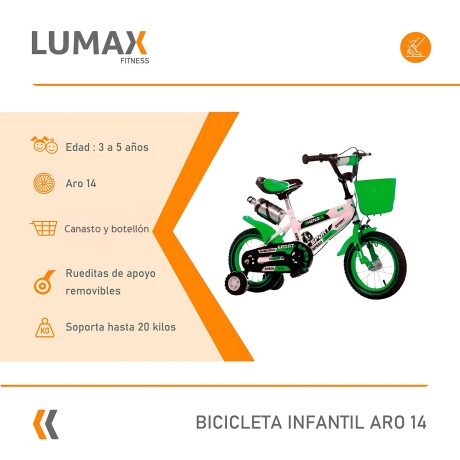 Bicicleta Rodado 14 Con Canasto Y Caramañola Niño Niña Lumax Verde