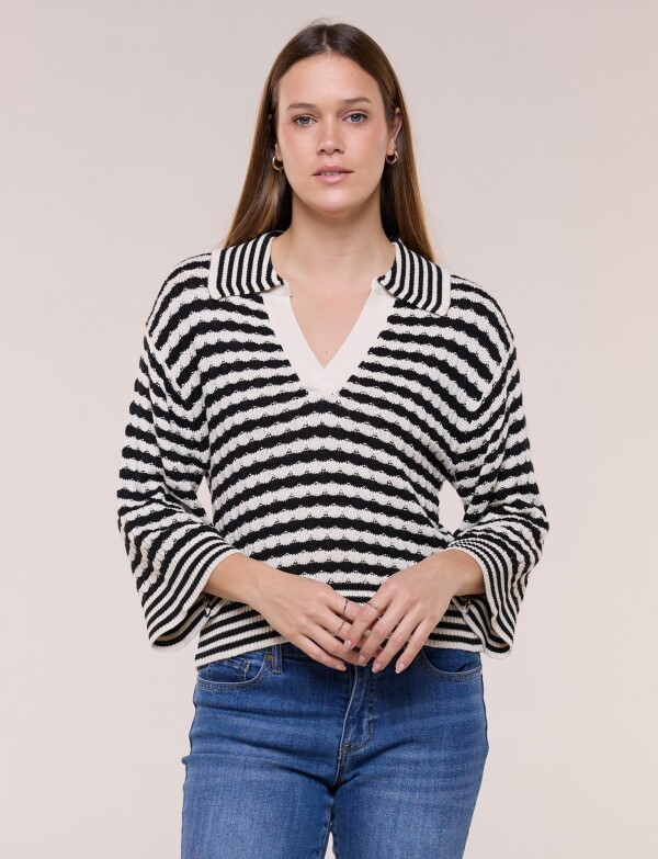 Blusa Tejida A Rayas Con Cuello Polo NEGRO/BEIGE