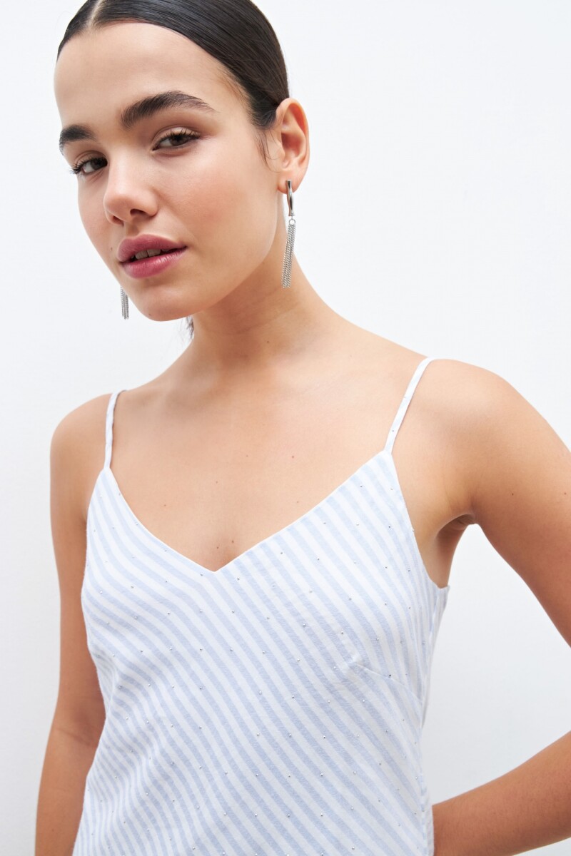 Maxi vestido a rayas con brillos celeste